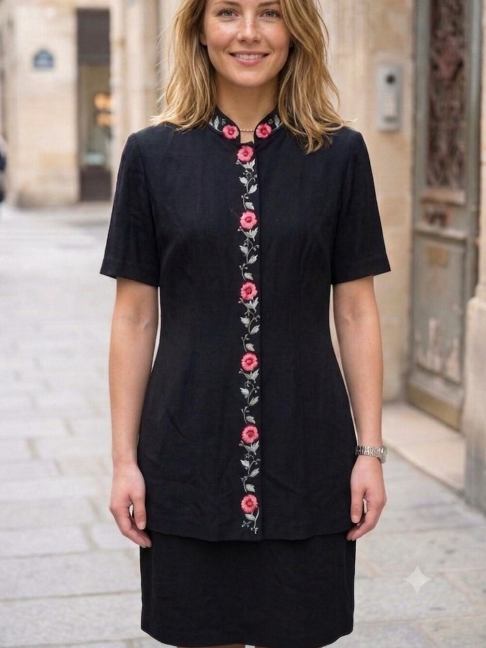 VTG 90s Karin Stevens Embroidered Dress Mandarin Collar Layered Black 10